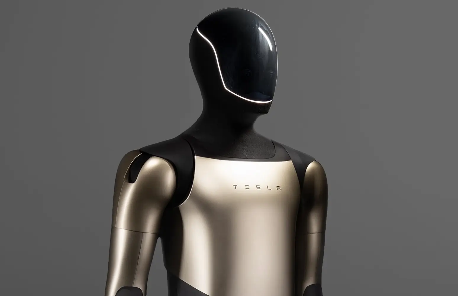 Tesla Optimus humanoid robot with a black visor and metallic body